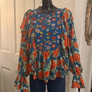 Belle Vere Flutter Ruffle Boho Floral Flowy Colorful Blouse Large